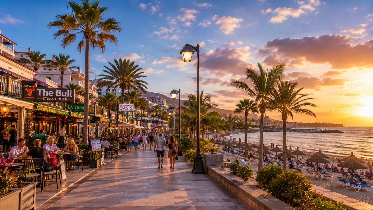 The seafront promenade and nightlife of Playa de las Americas