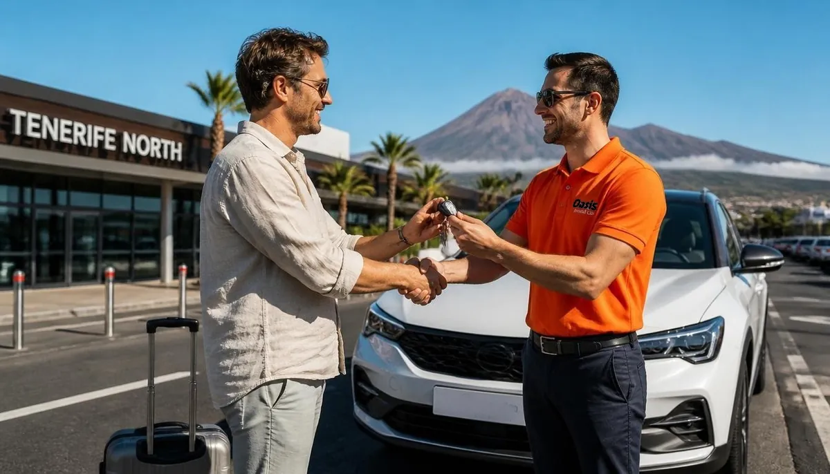 A local driver meeting a customer at Tenerife North Airport arrivals with the car keys