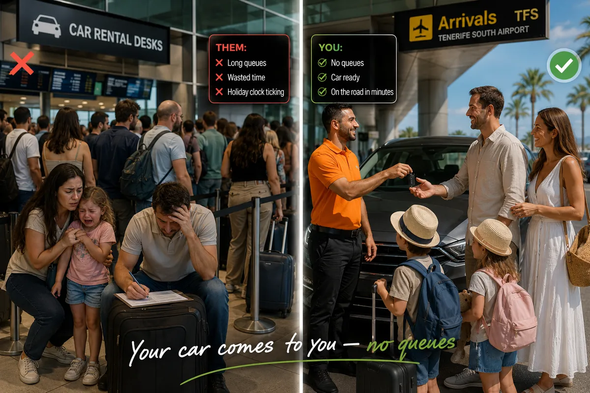 A local driver meeting a customer at Tenerife South Airport arrivals with the car keys